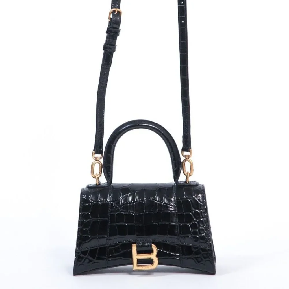 Balenciaga Hourglass XS Black Croc-Embossed Calfskin Top Handle Crossbody Bag